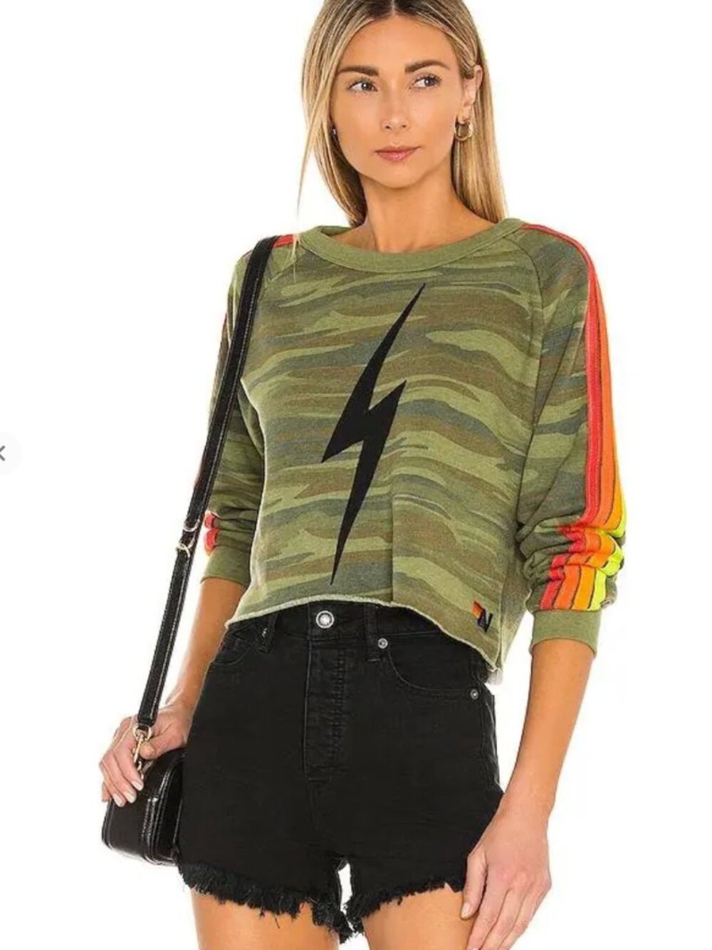 Aviator Nation Womens Cropped Bolt Print Camo Embroidered Sweatshirt M